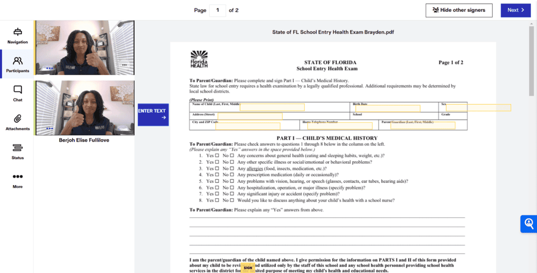 screenshot of online notary session